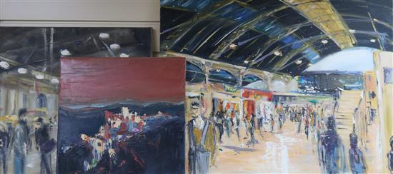 Libbi Gooch, three oils on canvas, station interiors and landscape, two signed, largest 61 x 76cm, unframed